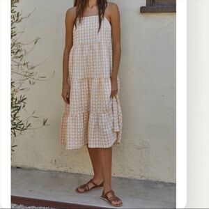 Woven Straight Neck Spaghetti Strap 3 Tier Ruffle
Maxi Dress w/ Lining